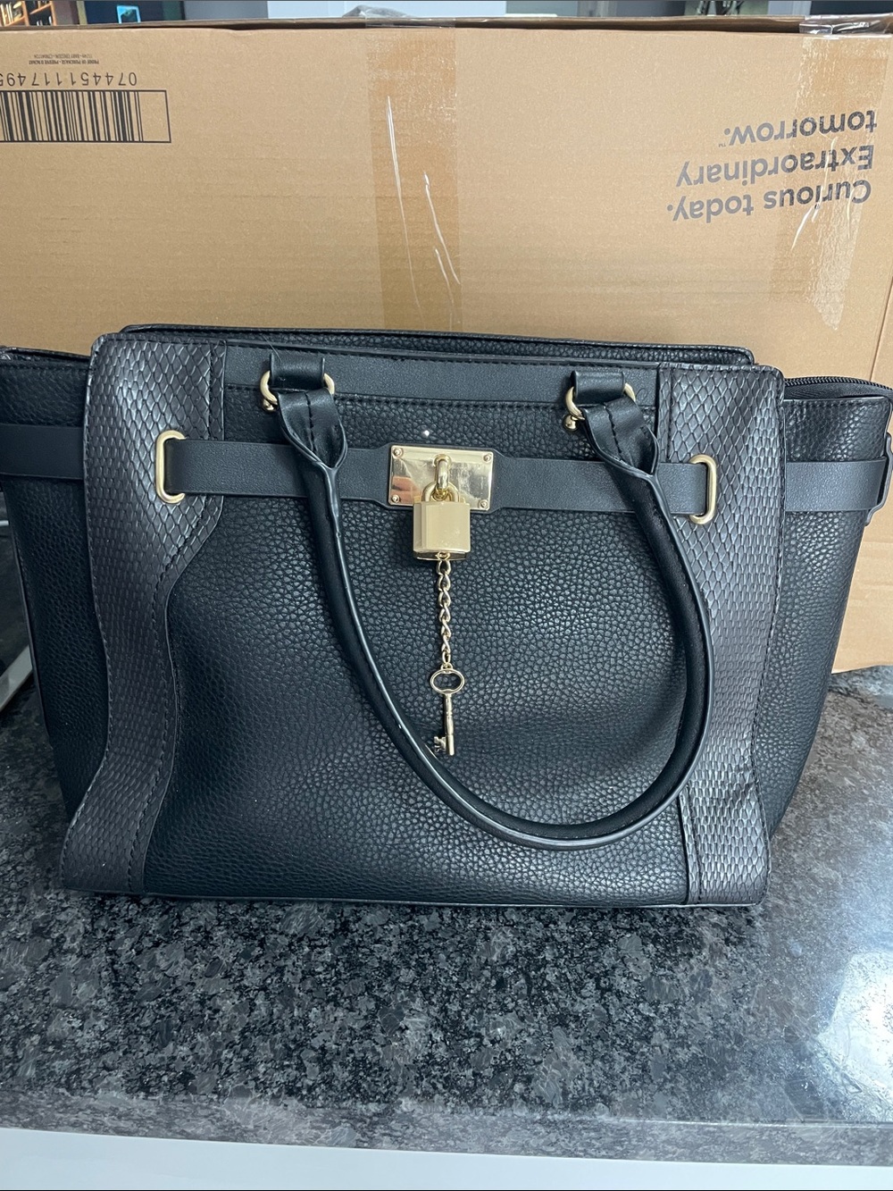 ALDO X-LARGE Black Women's Satchel Handbag with Gold Lock and Key Accent